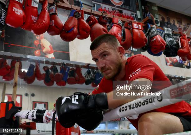 Welsh boxer Liam Williams poses for a photograpgh during training a training session at his local boxing Gym on May 11, 2022 in Maerdy, Wales.