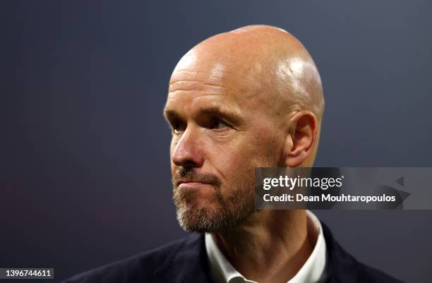 Erik ten Hag, Head Coach of Ajax looks on after their side's victory of the Dutch Eredivisie after the Dutch Eredivisie match between Ajax and sc...