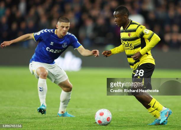 Samuel Kalu of Watford on the ball during the Premier League match between Watford and Everton at Vicarage Road on May 11, 2022 in Watford, England.
