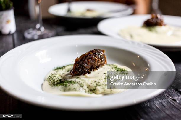 ricotta ravioli with brie cheese - radicchio stockfoto's en -beelden