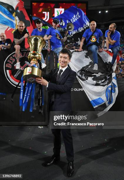 Steven Zhang, President of FC Internazionale celebrates with the Coppa Italia Trophy after victory in the Coppa Italia Final match between Juventus...