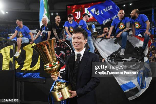 Steven Zhang, President of FC Internazionale celebrates with the Coppa Italia Trophy after victory in the Coppa Italia Final match between Juventus...