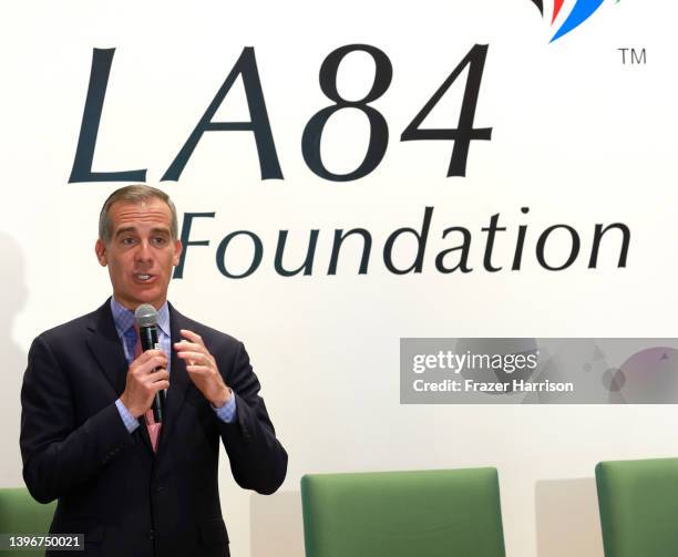 Mayor of Los Angeles Eric Garcetti speaks at Global Sports Week at Los Angeles Hub on May 11, 2022 in Los Angeles, California.