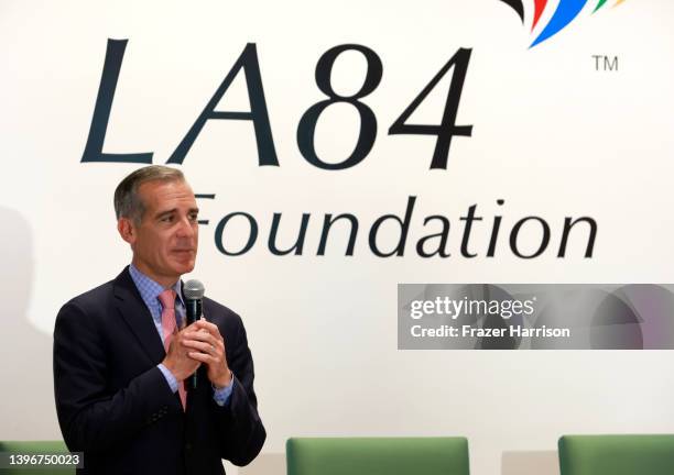 Mayor of Los Angeles Eric Garcetti speaks at Global Sports Week at Los Angeles Hub on May 11, 2022 in Los Angeles, California.