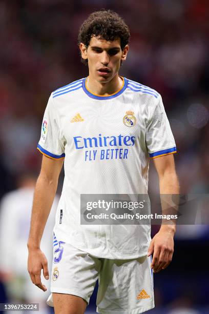 Jesus Vallejo of Real Madrid CF looks on during the La Liga Santander match between Club Atletico de Madrid and Real Madrid CF at Estadio Wanda...