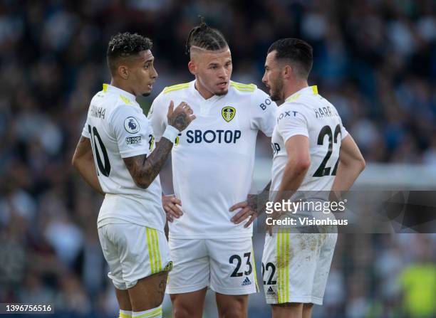 Raphinha, Kalvin Phillips and Jack Harrison of Leeds United during the Premier League match between Leeds United and Chelsea at Elland Road on May...