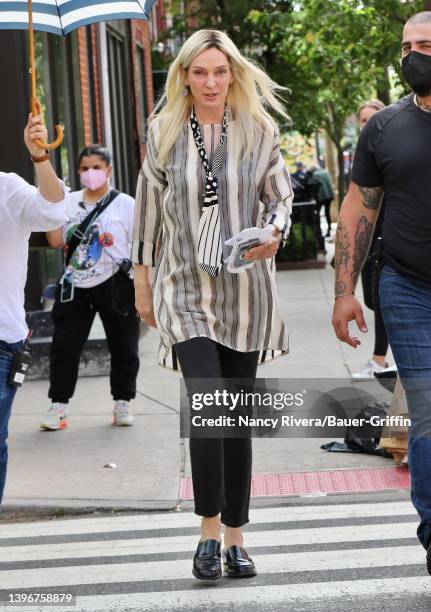 Uma Thurman is seen on the set of "The Kill Room" on May 11, 2022 in Hoboken, New Jersey.