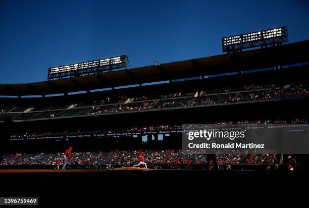 Shohei Ohtani of the Los Angeles Angels throws against the Tampa Bay Rays in the third inning at Angel Stadium of Anaheim on May 11, 2022 in Anaheim,...