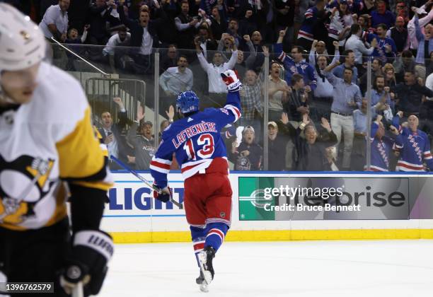 Alexis Lafreniere of the New York Rangers celebrates his second period goal against the Pittsburgh Penguins in Game Five of the First Round of the...