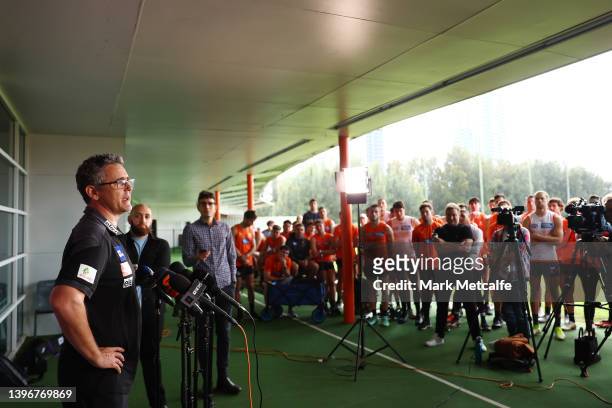 Leon Cameron speaks to the media during a GWS Giants AFL press conference at Giants HQ on May 12, 2022 in Sydney, Australia.