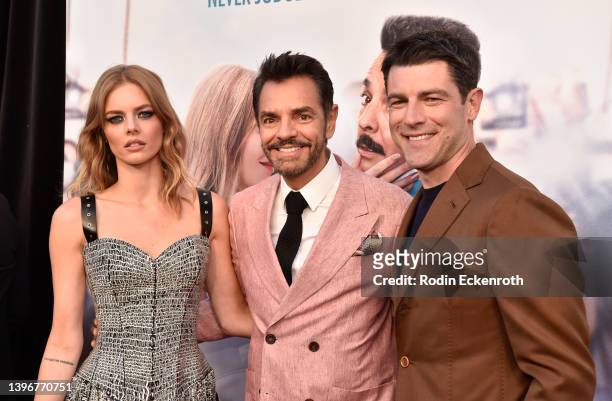 Samara Weaving, Eugenio Derbez, and Max Greenfield attend the Global Premiere of Hulu's Original Film "The Valet" at The Montalban on May 11, 2022 in...
