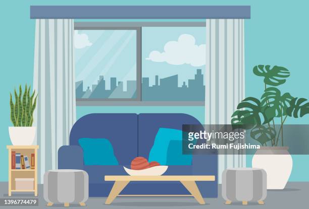 blue living room - curtain stock illustrations