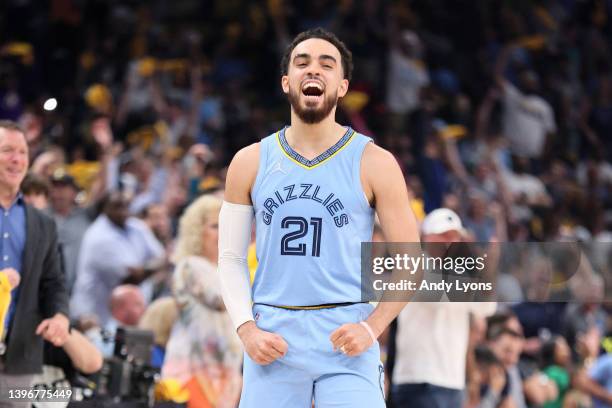 Tyus Jones of the Memphis Grizzlies celebrates a basket against the Golden State Warriors during the second quarter in Game Five of the 2022 NBA...