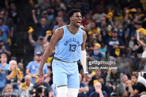 Jaren Jackson Jr. #13 of the Memphis Grizzlies celebrates a basket against the Golden State Warriors during the second quarter in Game Five of the...