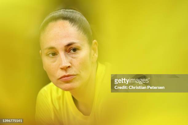 Sue Bird of the Seattle Storm sits on the bench before the start of the WNBA game against the Phoenix Mercury at Footprint Center on May 11, 2022 in...