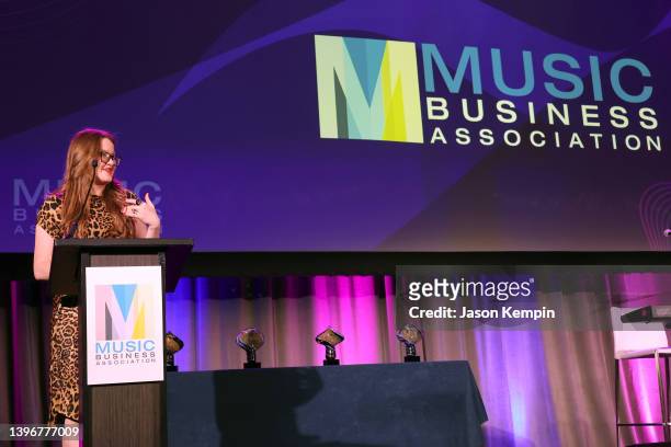Vice President, Global Partnerships at SoundCloud, Shauna Alexander speaks onstage at The Bizzy Awards presented by Music Biz 2022 on May 11, 2022 in...