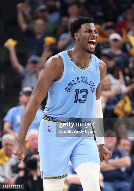 Jaren Jackson Jr. #13 of the Memphis Grizzlies celebrates a basket against the Golden State Warriors during the second quarter in Game Five of the...