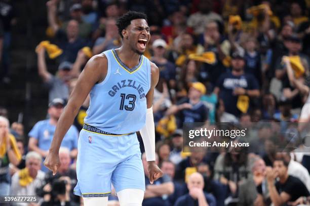 Jaren Jackson Jr. #13 of the Memphis Grizzlies celebrates a basket against the Golden State Warriors during the second quarter in Game Five of the...