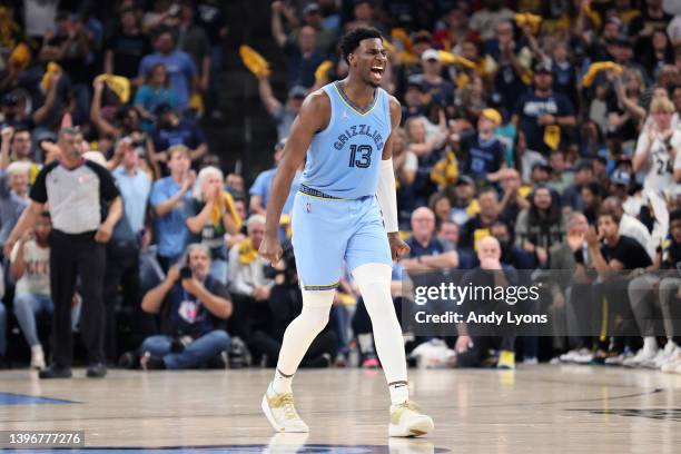 Jaren Jackson Jr. #13 of the Memphis Grizzlies celebrates a basket against the Golden State Warriors during the second quarter in Game Five of the...