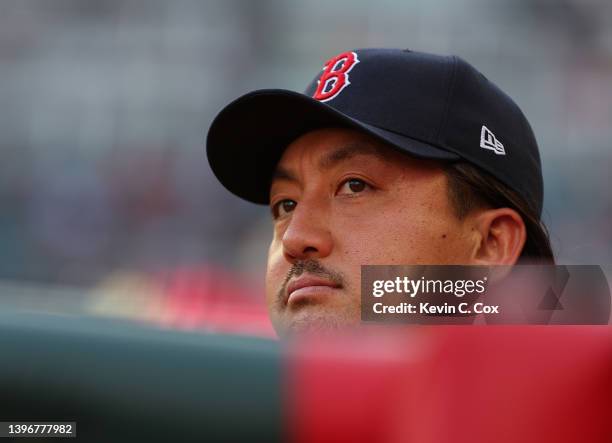 Hirokazu Sawamura of the Boston Red Sox looks on prior to the game between the Atlanta Braves at Truist Park on May 11, 2022 in Atlanta, Georgia.