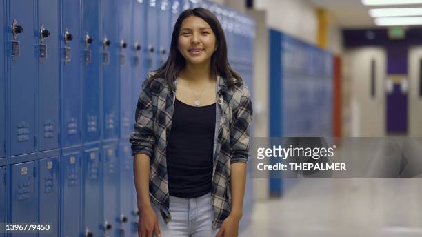 happy fifteen years old teenage girl school portrait - 14 15 years girls stockfoto's en -beelden