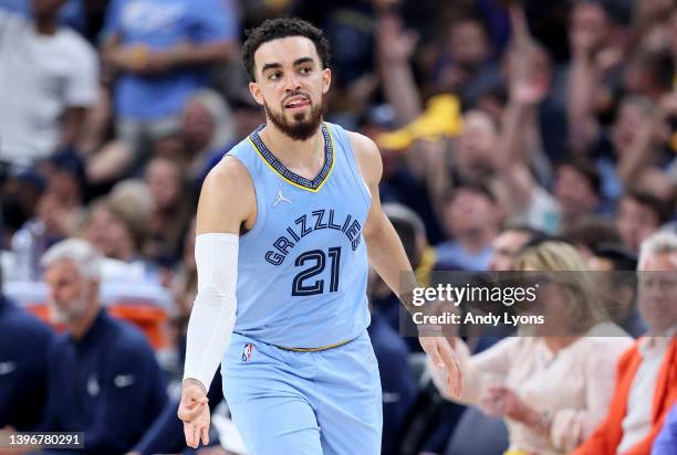 Tyus Jones of the Memphis Grizzlies celebrates a three point basket against the Golden State Warriors during the third quarter in Game Five of the...