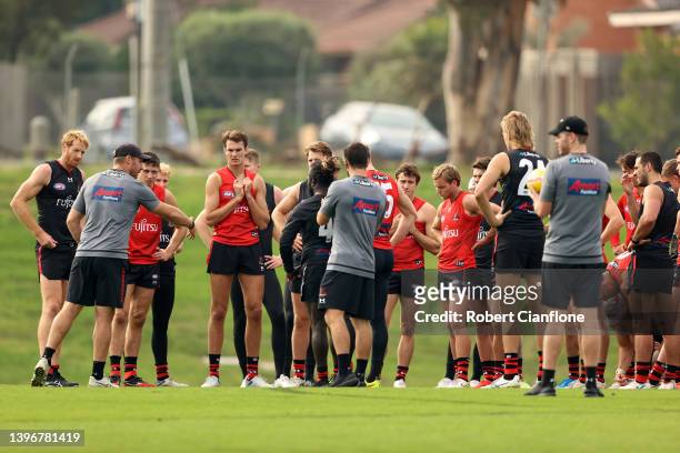 Bombers coach, Ben Rutten speaks to the players during an Essendon Bombers AFL training session at The Hangar on May 12, 2022 in Melbourne, Australia.