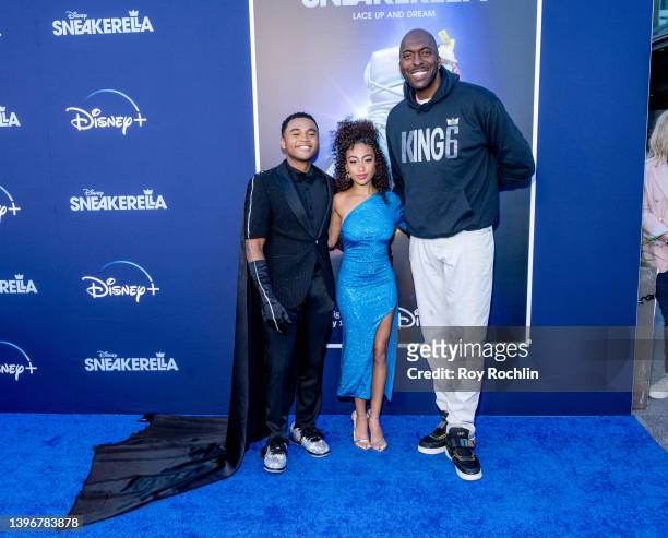 Chosen Jacobs, Lexi Underwood and John Salley attend Disney+'s "Sneakerella" premiere on May 11, 2022 in New York City.