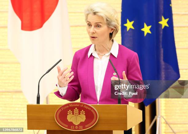 European Commission President Ursula von der Leyen talks during the joint press conference with European Council President Charles Michel and...