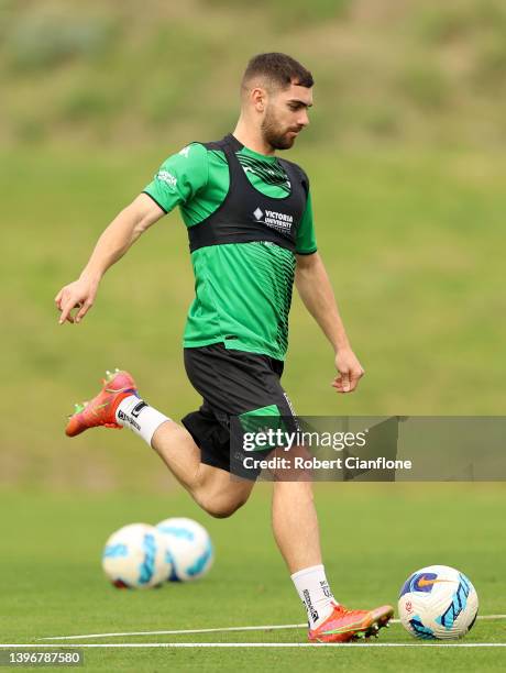 Ben Garuccio of Western United controls the ball during a Western United Men's A-League training session at The Hangar on May 12, 2022 in Melbourne,...