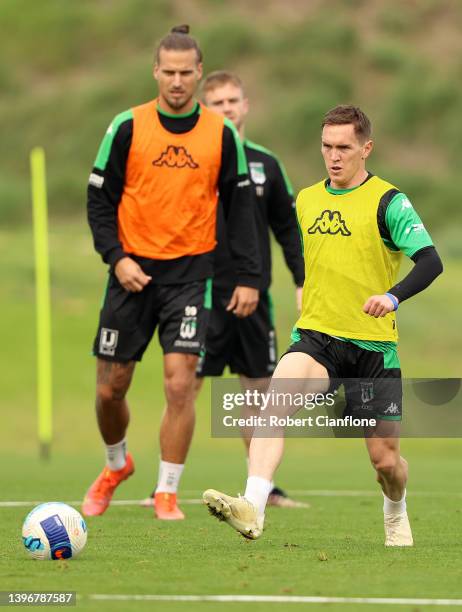 Neil Kilkenny of Western United kicks the ball during a Western United Men's A-League training session at The Hangar on May 12, 2022 in Melbourne,...