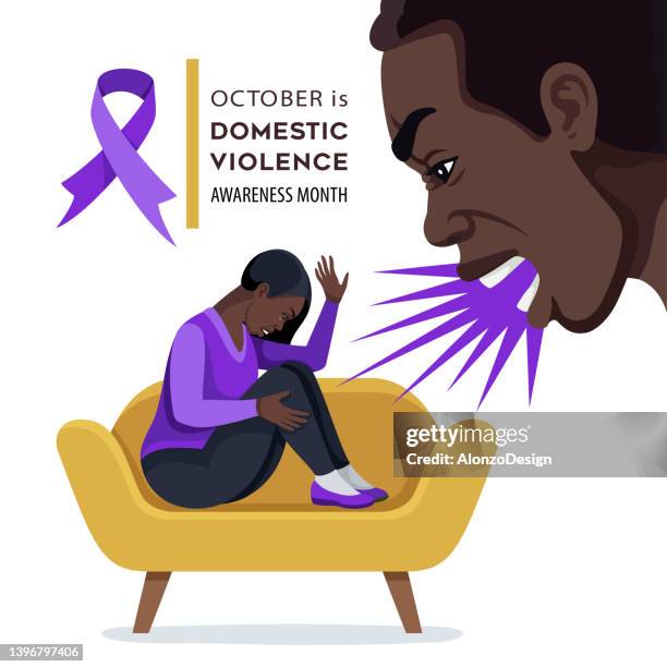 monat zur sensibilisierung für häusliche gewalt im oktober. missbrauchte afrikanische frau. - domestic violence stock-grafiken, -clipart, -cartoons und -symbole