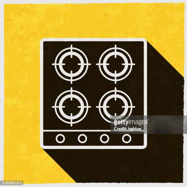 illustrations, cliparts, dessins animés et icônes de cuisinière à gaz - vue sur le dessus. icône avec une ombre longue sur fond jaune texturé - cuisinière