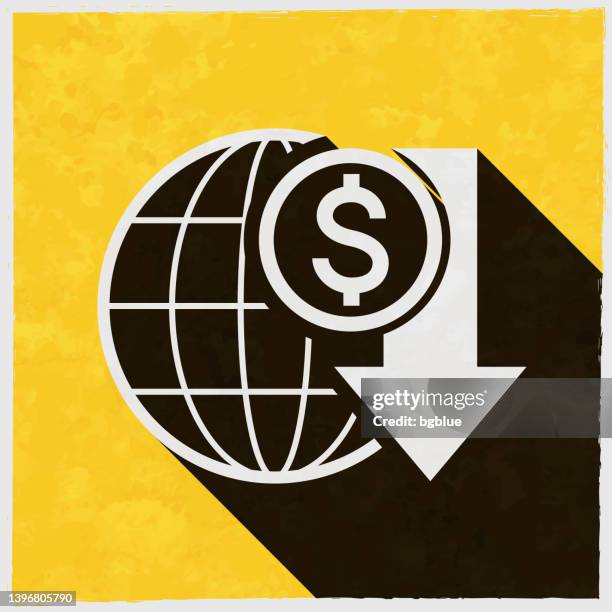 dollar rate decrease. icon with long shadow on textured yellow background - copper texture background stock illustrations