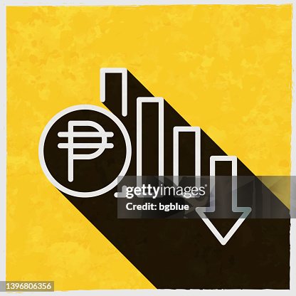 Peso rate decrease. Icon with long shadow on textured yellow background Peso rate decrease. Icon with long shadow on textured yellow background