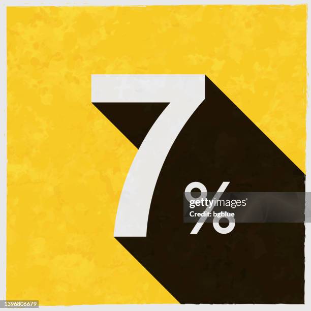 ilustraciones, imágenes clip art, dibujos animados e iconos de stock de 7% - siete por ciento. icono con sombra larga sobre fondo amarillo texturizado - seventh