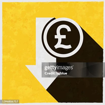 Pound decrease. Icon with long shadow on textured yellow background Pound decrease. Icon with long shadow on textured yellow background