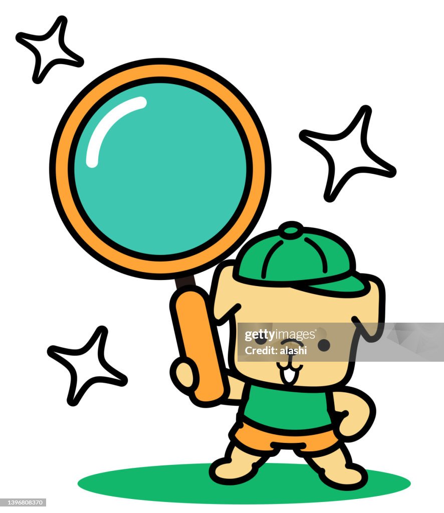 A cute dog wearing a baseball cap holds a big magnifying glass and stands with one hand on his hip