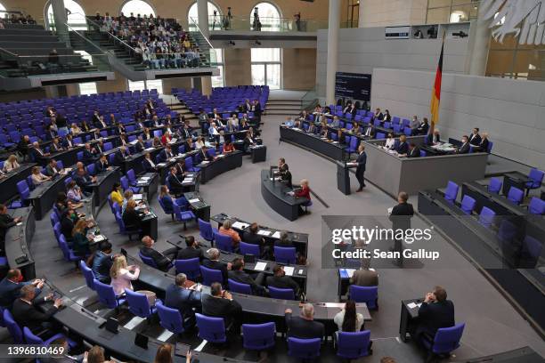 Members of the Bundestag debate new legislation to accelerate Germany's transition from fossil fuels to renewable energy sources on May 12, 2022 in...