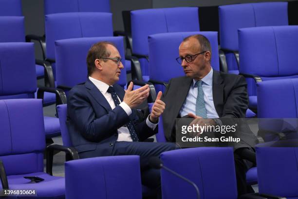 Friedrich Merz , head of the German Christian Democrats , and Alexander Dobrindt, head of the Bundestag faction of the Bavarian Christian Democrats ,...