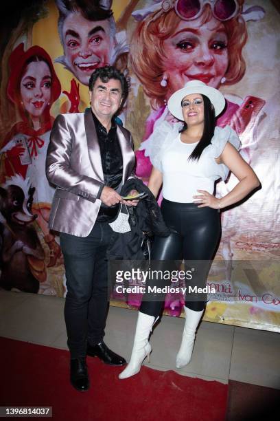 Ari Sandy and friend poses for photo during premier function of Caperucita, Que onda con tu abuelita play, at Teatro Silvia Pinal on May 11, 2022 in...
