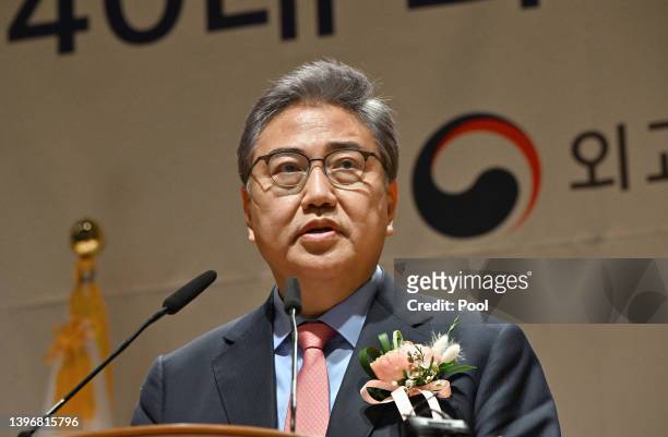 South Korea's new Foreign Minister Park Jin speaks during his inauguration ceremony on May 12, 2022 in Seoul, South Korea. President Yoon Suk-yeol...