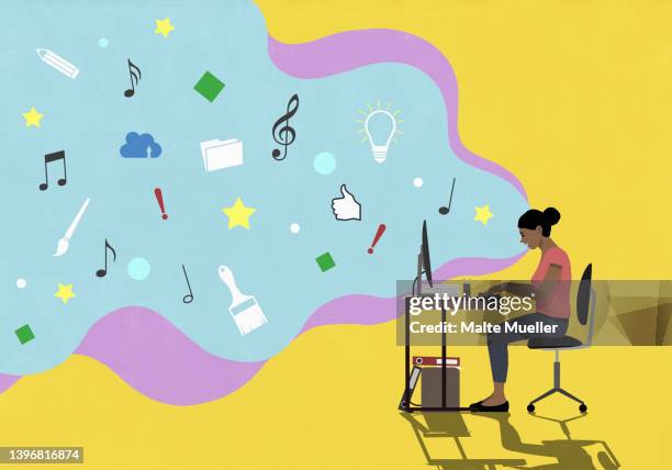 social media icons floating from woman using computer - kreativität stock-grafiken, -clipart, -cartoons und -symbole