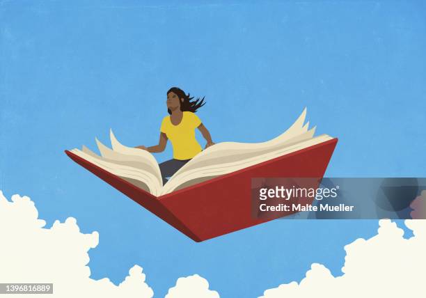 curious woman flying in sky on open book - open book stock-grafiken, -clipart, -cartoons und -symbole