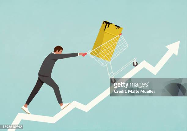 ilustraciones, imágenes clip art, dibujos animados e iconos de stock de businessman pushing oil barrel in shopping cart up line graph arrow - one man only stock illustrations