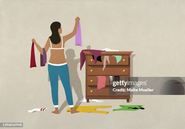 woman getting dressed at messy bedroom dresser - dessous stock-grafiken, -clipart, -cartoons und -symbole