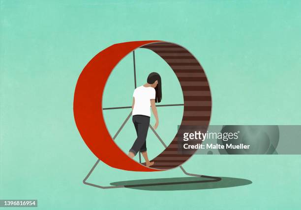 ilustrações, clipart, desenhos animados e ícones de tired woman walking in hamster wheel - super carregado