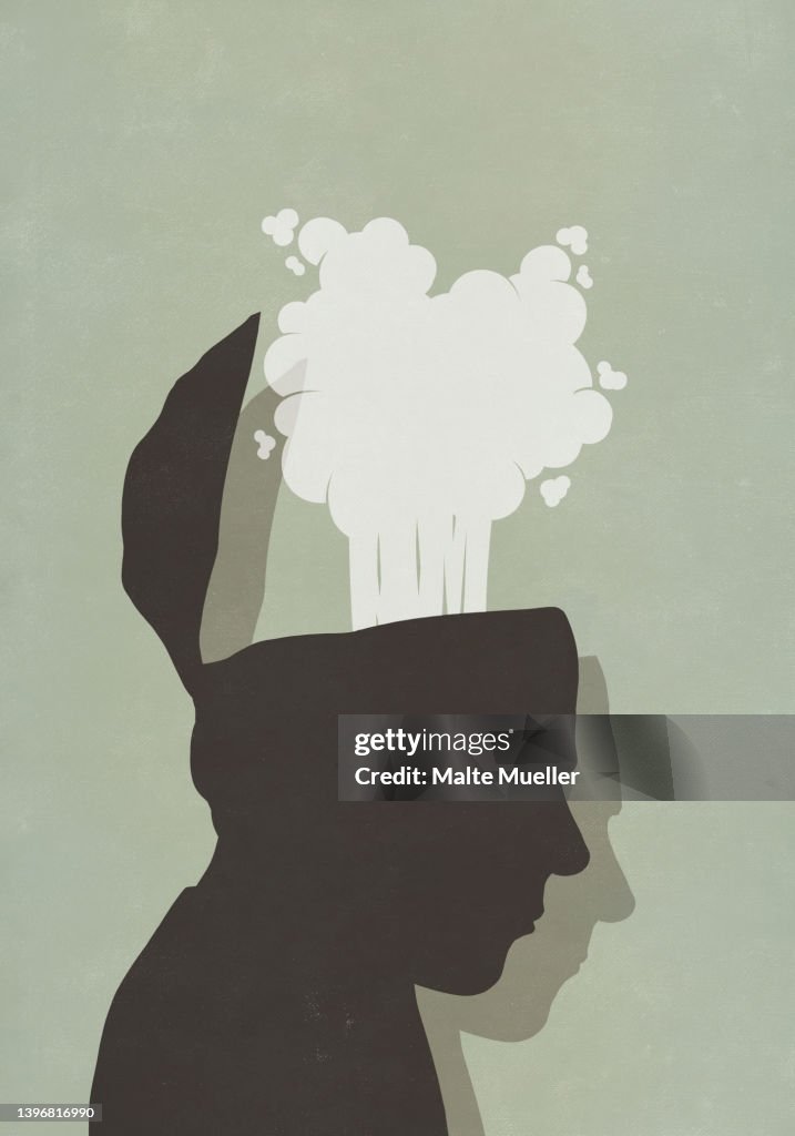 Brain of silhouetted profile exploding