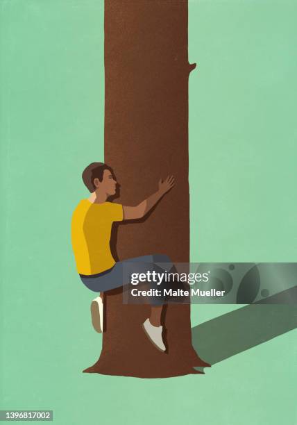 eco-friendly, conscientious man hugging tree trunk - embracing stock illustrations