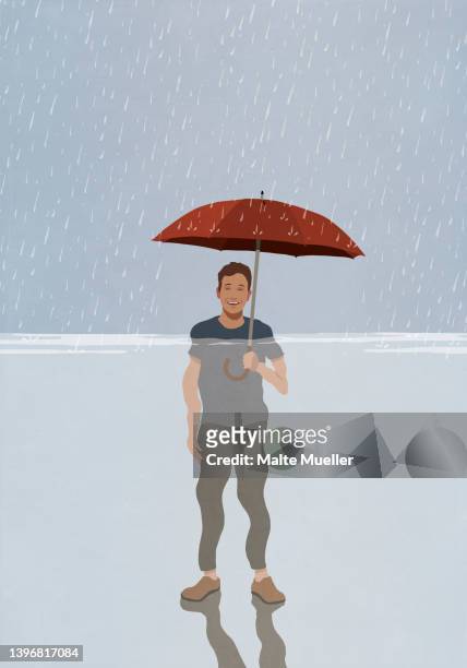illustrazioni stock, clip art, cartoni animati e icone di tendenza di portrait smiling man with umbrella standing in rain and flood rising water - extreme weather